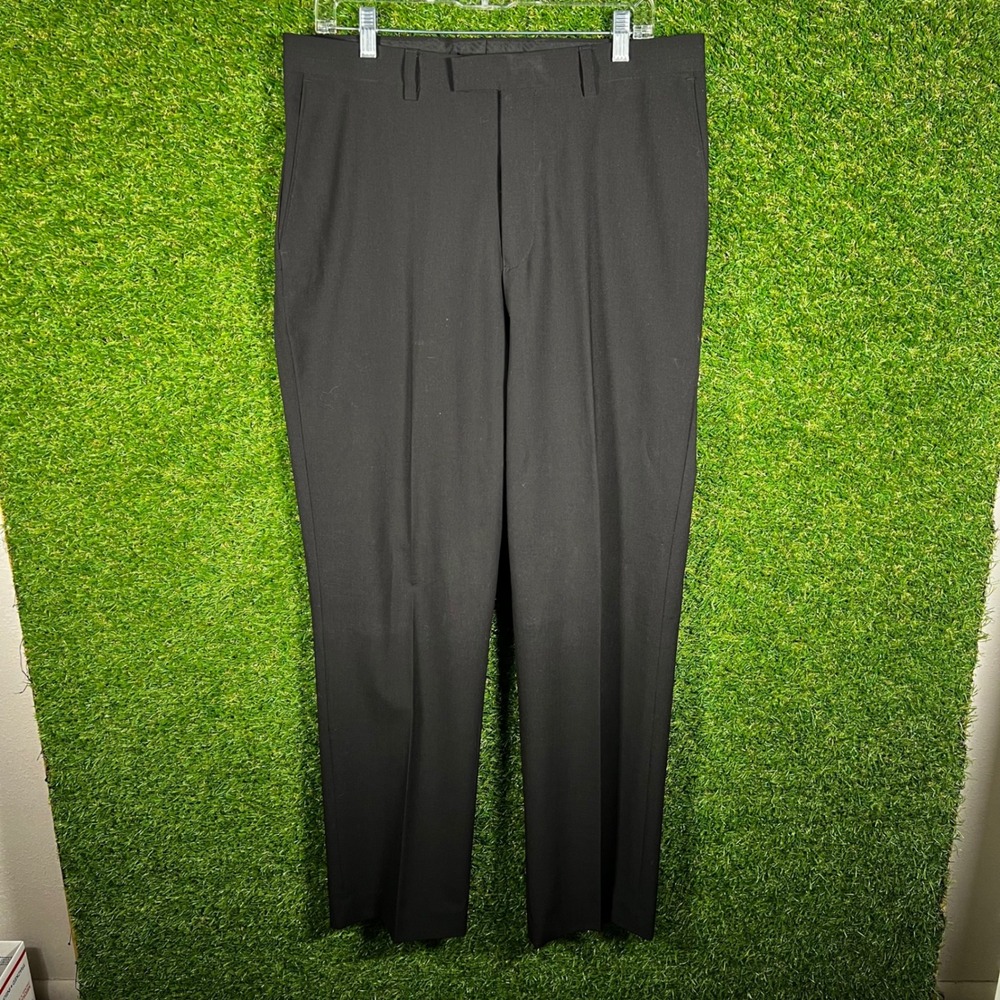 Mens Black Wool Blend‎ Stretch Dress Pants Straight Leg Flat Front 34x32